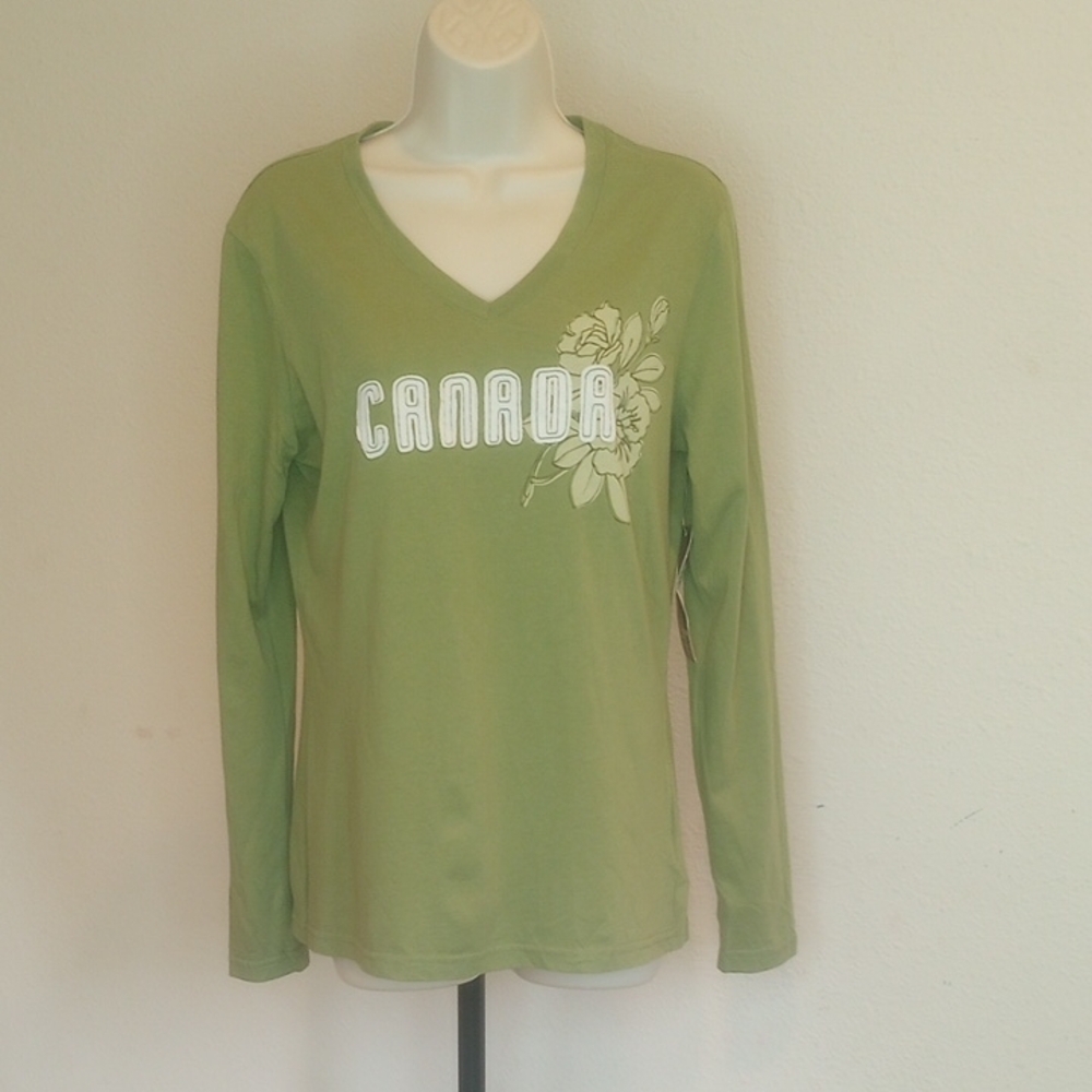 Kalson True North Strong & Free Green V-Neck Long Sleeve Tee Floral Design Sz M